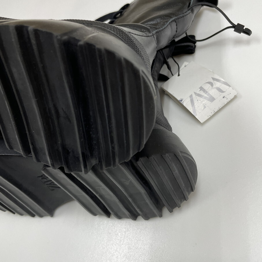 ZARA ブラック レザーレースジップアップブーツ レディース