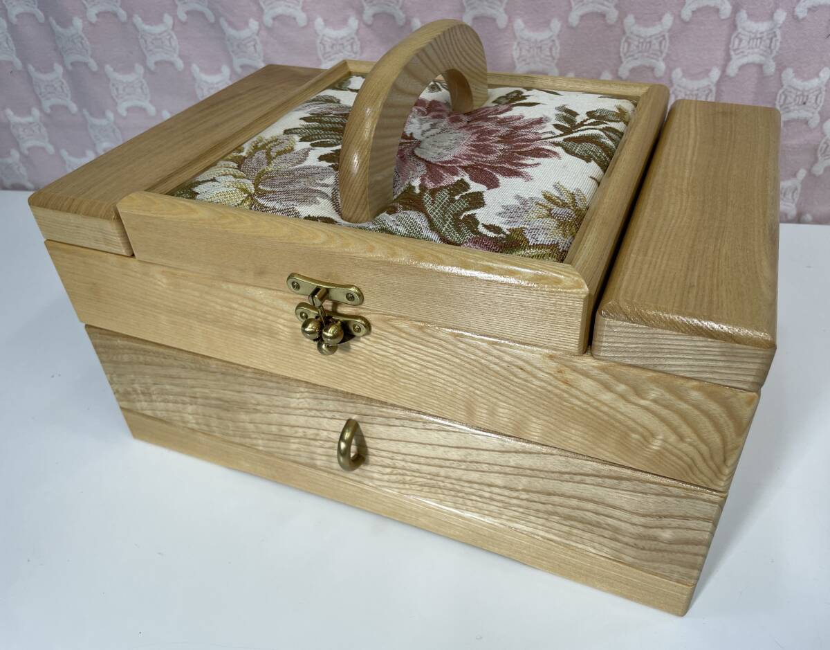□M70 ☆木製 花柄 鏡付き ジュエリーボックス アクセサリーケース 小物入れ レトロ 宝石箱 裁縫箱風 収納箱 持ち手付 Y-WOOD
