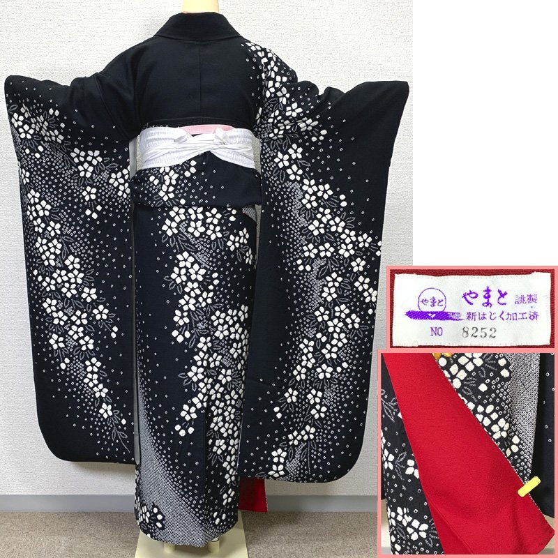 0 кимоно March 0 кимоно ... обращение . кимоно с длинными рукавами диафрагмирования золотой пешка вышивка золотая краска Sakura цветок чёрный 0 прекрасный товар день совершеннолетия свадьба 410z28