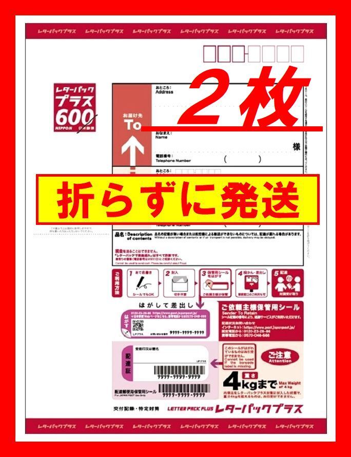 ■■送料無料■■レターパックプラス 600 ２枚セット■半分に折らずに発送■防水対策■赤■Ａ
