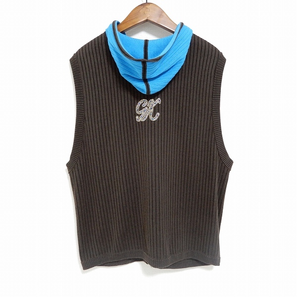 #anc 伊太利屋 GKITALIYA ニット ベスト 11 茶 水色 ジップアップ フード付き 総柄 レディース [847801]