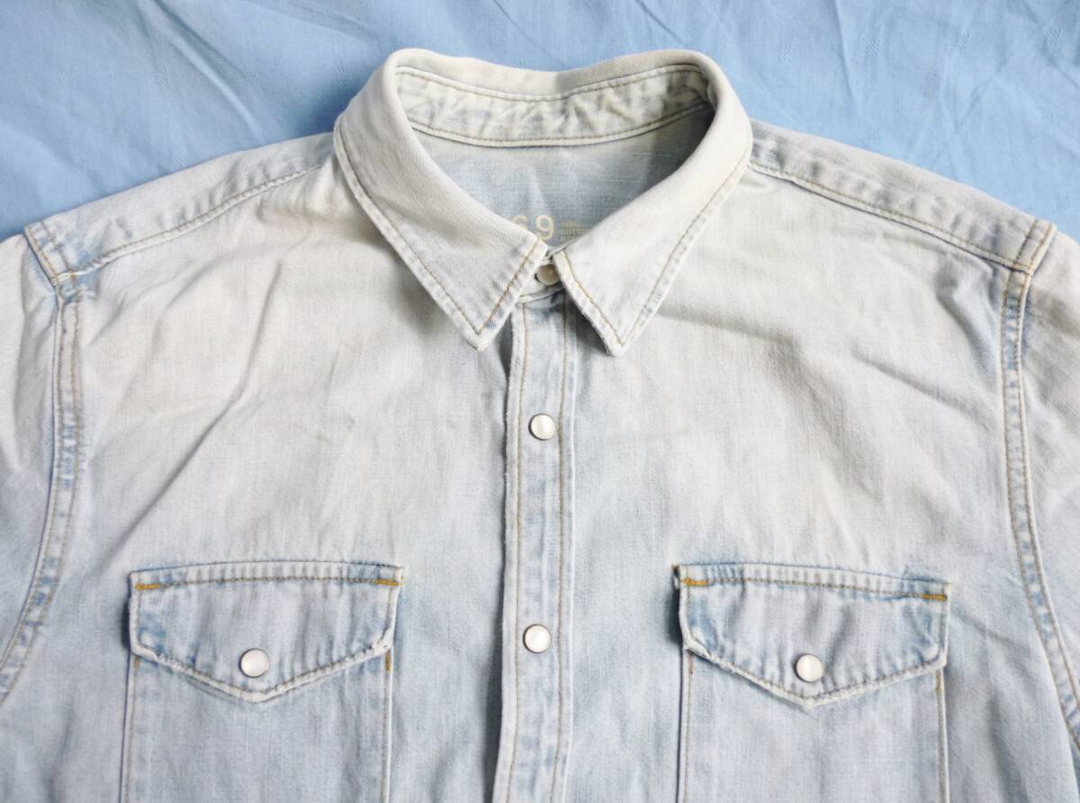 ★上美品★　上質　GAP／ギャップ　GAP1969　RN54023　ダメージ加工　高品質カイハラデニム　スナップ式ボタン　プレミアム　シャツ　L（33