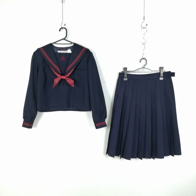 1円 セーラー服 スカート スカーフ 上下3点セット 165A 大きいサイズ 冬物 赤2本線 女子 学生服 千葉常盤平中学 紺 中古 ランクC NA6278