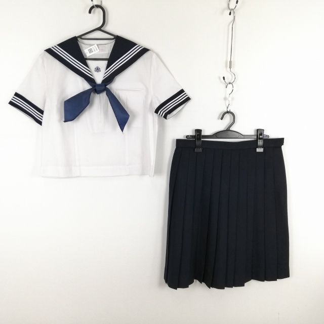 1円 セーラー服 スカート スカーフ 上下3点セット 170A トンボ 夏物 白3本線 女子 学生服 埼玉本庄高校 白 制服 中古 ランクC NA6375