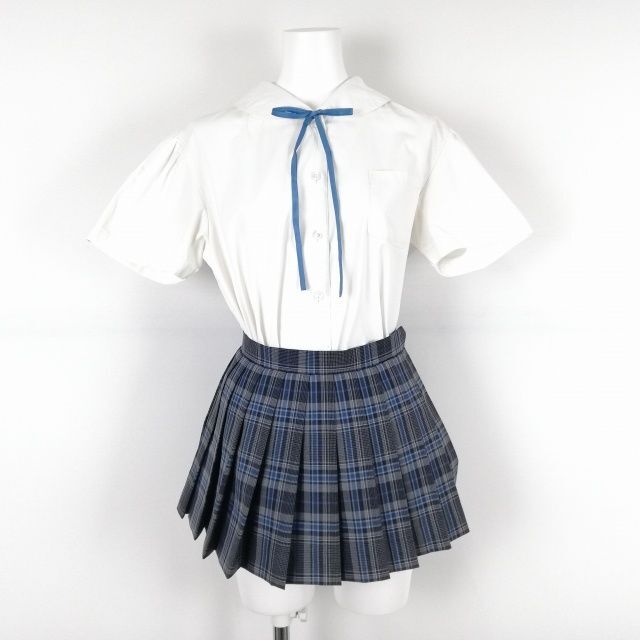 1円 ブラウス マイクロミニスカート 紐タイ 上下3点セット 夏物 女子 学生服 神奈川洗足学園中学高校 白 制服 中古 ランクC NA6670