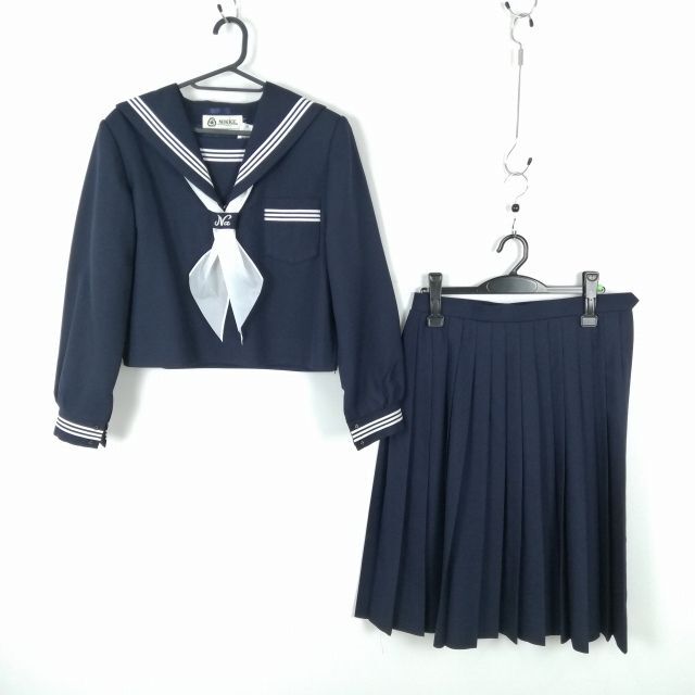 1円 セーラー服 スカート スカーフ 上下3点セット 大きいサイズ 冬物 白3本線 女子 学生服 兵庫灘中学 紺 制服 中古 ランクB NA7121