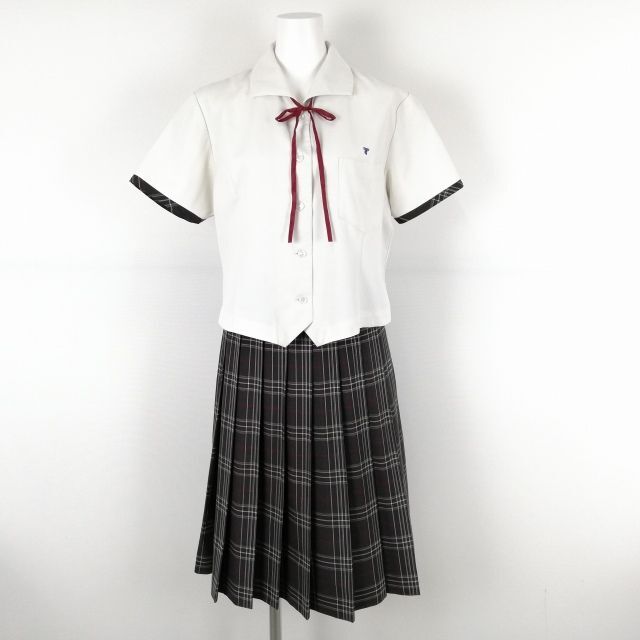 1円 ブラウス チェックスカート 紐タイ 上下3点セット 指定 L トンボ 夏物 女子 学生服 東京東海大学菅生高校 白 制服 中古 ランクC NA7838