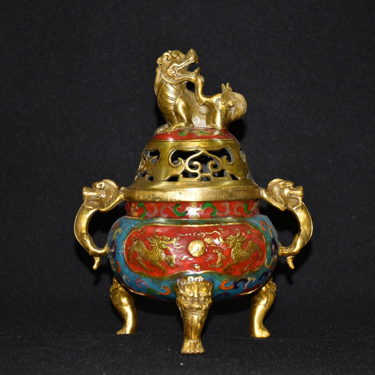 古寶奇蔵】銅製・景泰藍・琺瑯彩・塗金・雙獣耳・二龍戲 古寶奇蔵】銅製・景泰藍・琺瑯彩・塗金・雙獣耳・二龍戲
