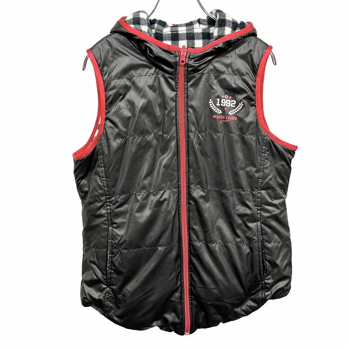marie claire sport パーカーべスト ジャケット チェック柄のフリース裏地 リバーシブル ポリ100% L ブラック 黒×赤×グレー レディース_画像1