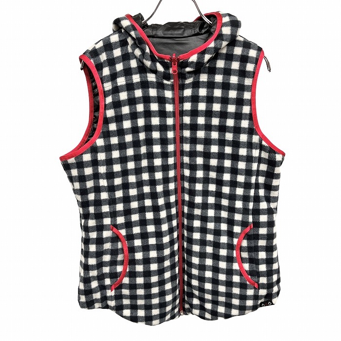 marie claire sport パーカーべスト ジャケット チェック柄のフリース裏地 リバーシブル ポリ100% L ブラック 黒×赤×グレー レディース_画像3