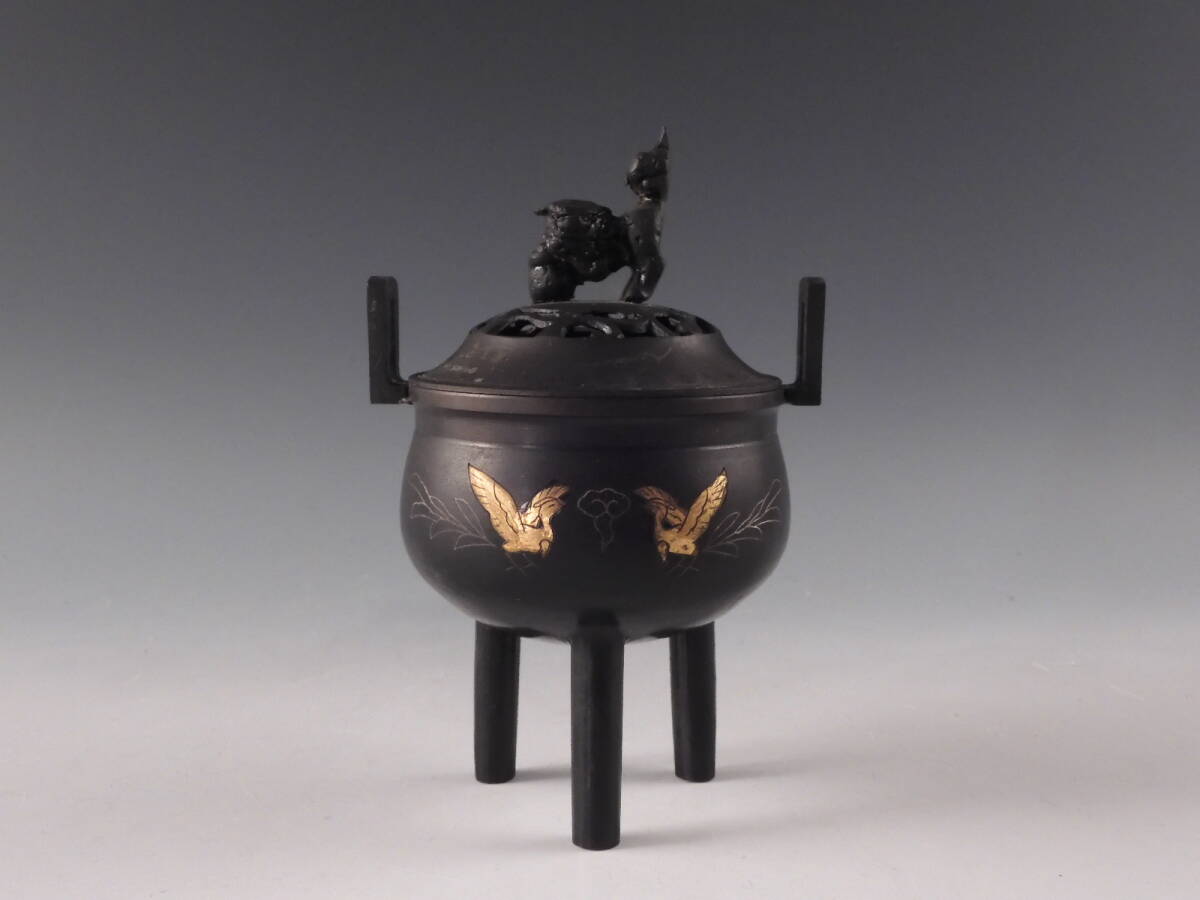 ○栄○古銅 金銀象嵌 中国 鳥図 獅子摘 香炉 17.3cm 置物 無傷完品 20w6