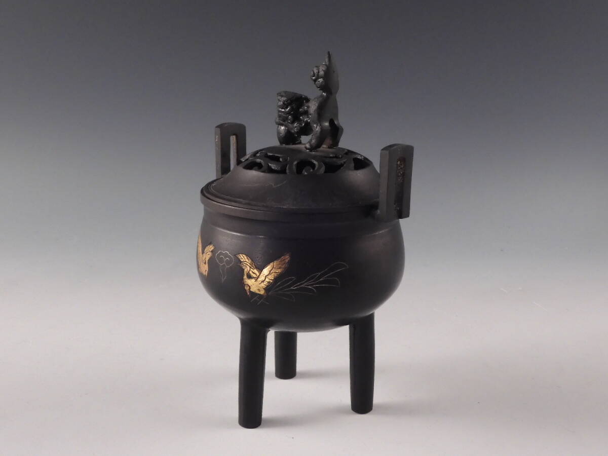 ○栄○古銅 金銀象嵌 中国 鳥図 獅子摘 香炉 17.3cm 置物 無傷完品 20w6