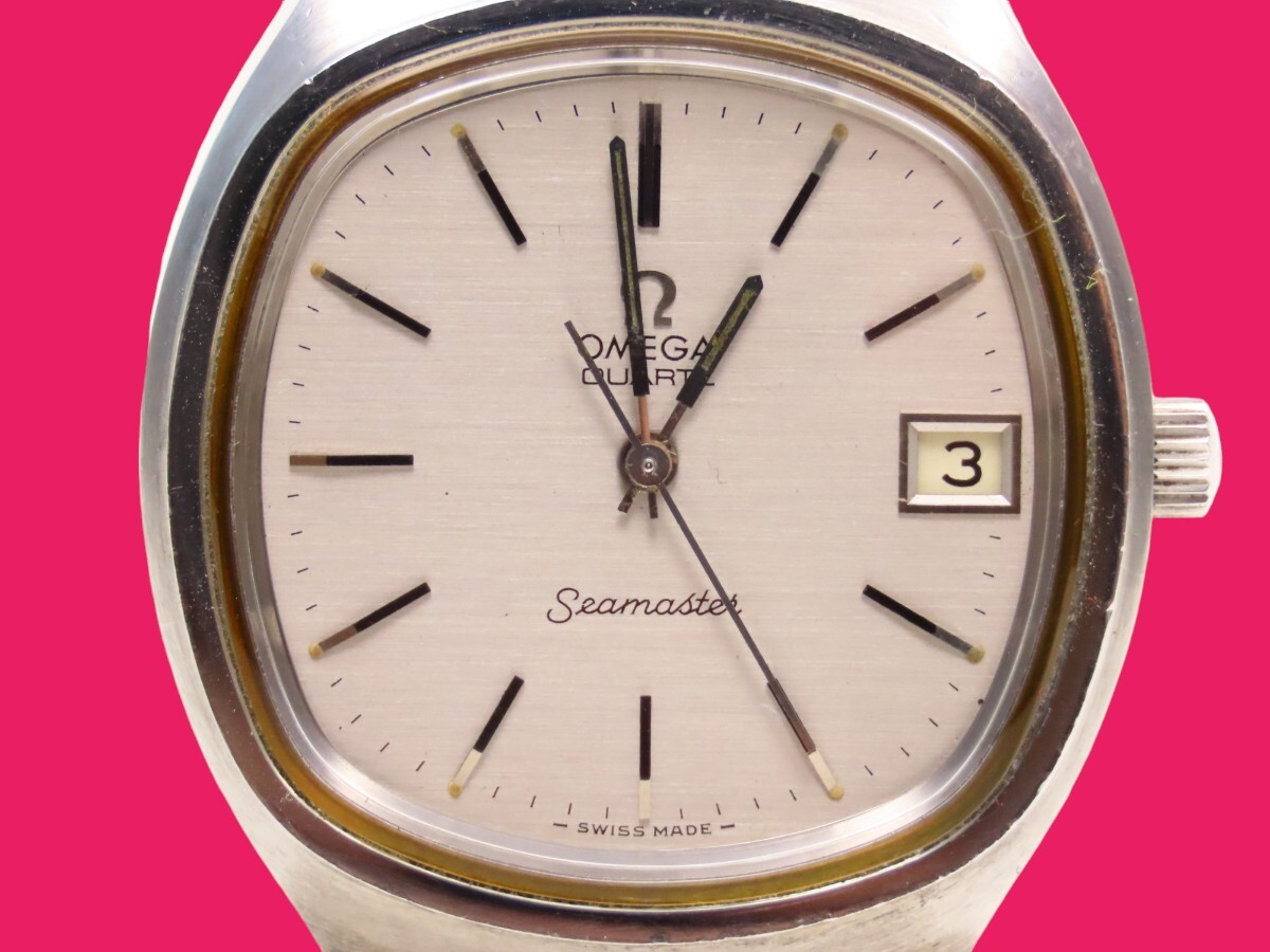 ■♪価格高騰!資産価値！稼働電池新品メンズビンテージ高級超レア！ OMEGA オメガ Seamaster シーマスターデート クオーツ元箱付ベルト純正