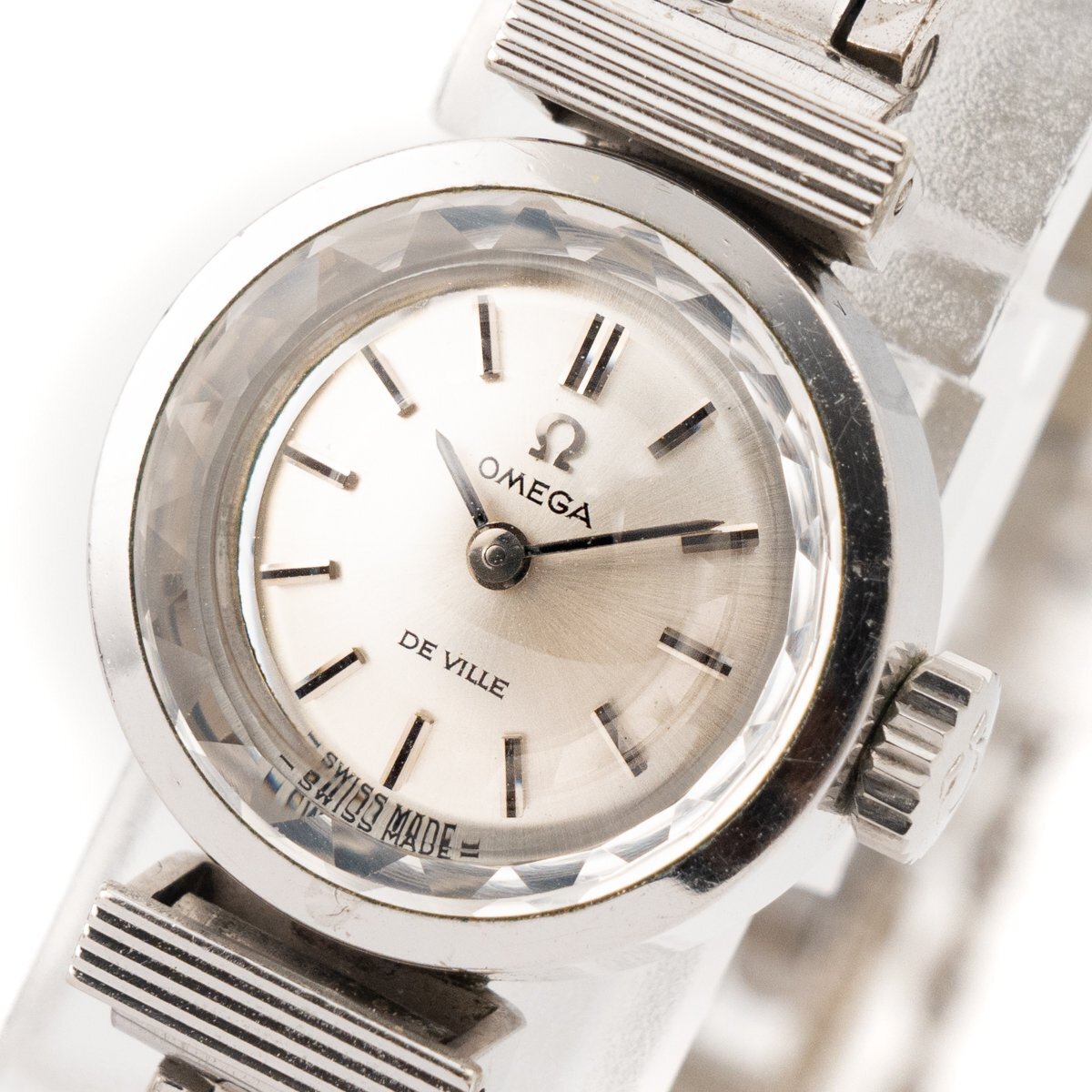 1円 稼働 良品 OMEGA De Ville オメガ デヴィル カットガラス 手巻き SS シルバー文字盤 腕時計 レディース ラウンド ブランド 07224202410