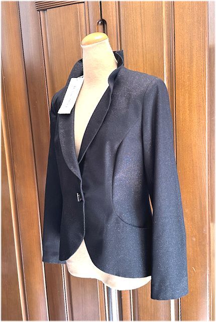 値下★HANAE MORI 森英恵★ラメ混フリル襟・ジャケット・ラインストーンボタン・ブラック・38/M・￥101,200★セレモニー★未使用_画像2