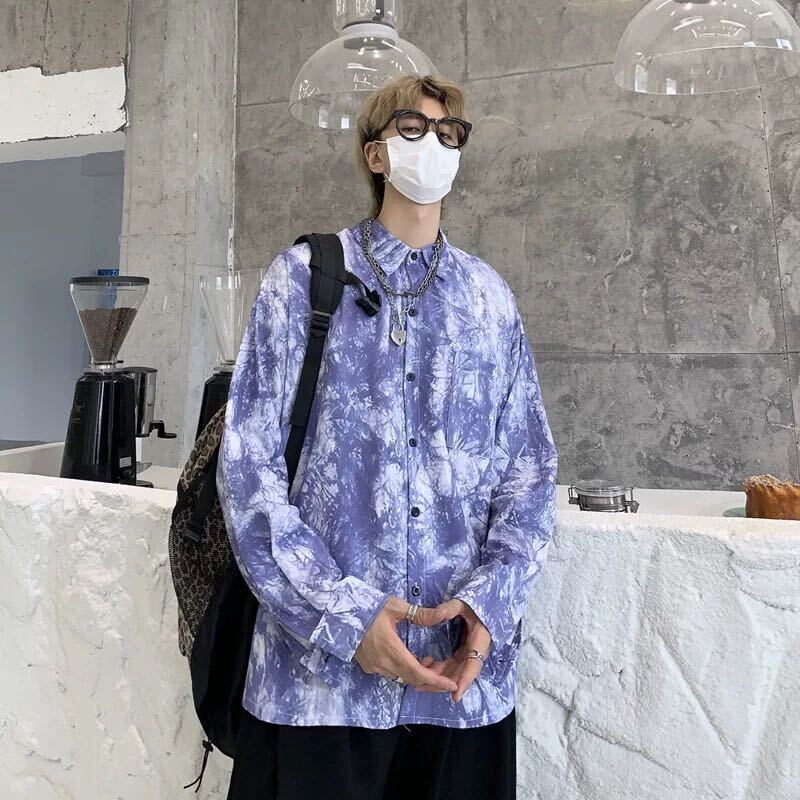 トップス ヨウジヤマモト 紺色 長袖 タイダイ柄 チェック柄 トップス ヨウジヤマモト 紺色 長袖 タイダイ柄 チェック柄