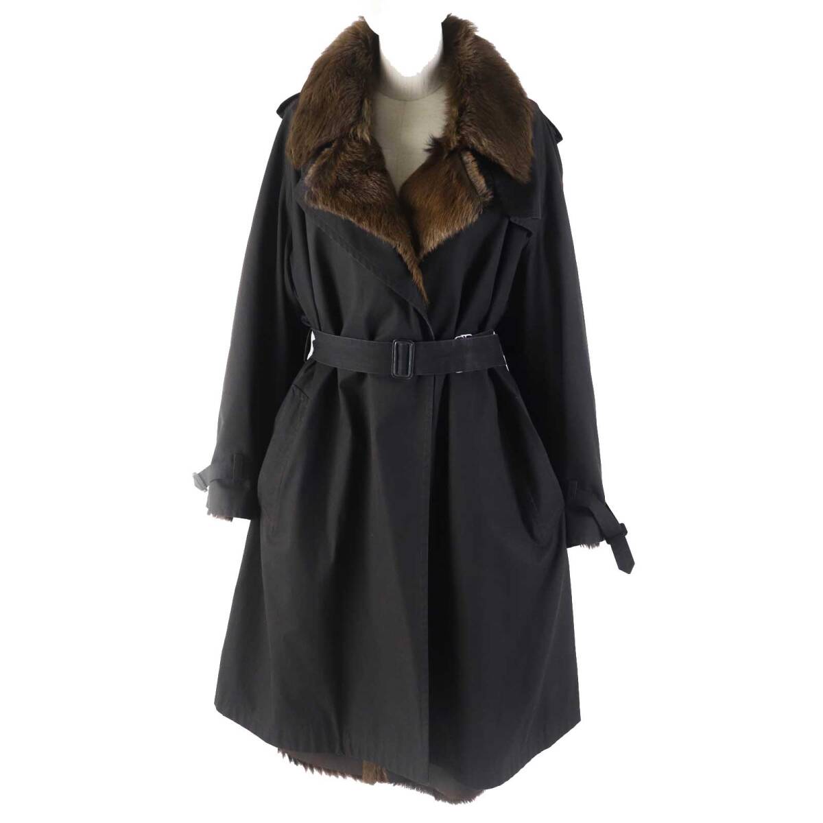美品◎HERMES エルメス ヴィンテージ 01AW マルジェラ期 コットン100％ 仔山羊 キッドファーライナー ベルト付き ロングコート 焦茶 38