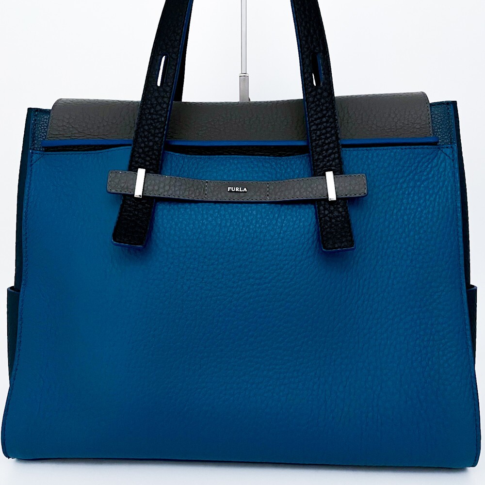 【美品】フルラ ジョーヴェ トートバッグ シボ革 A4 ブルー FURLA フルラ MAN GIOVEトートバッグ Xl NERO+BLU JAY int