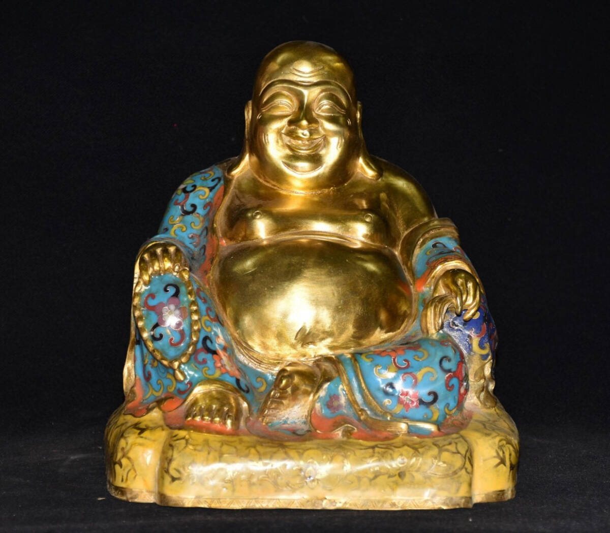 ▽鴻▽ 銅製 景泰藍 琺瑯彩 塗金 方座彌勒仏 置物 古賞 ▽鴻▽ 銅製 景泰藍 琺瑯彩 塗金 方座彌勒仏 置物 古賞