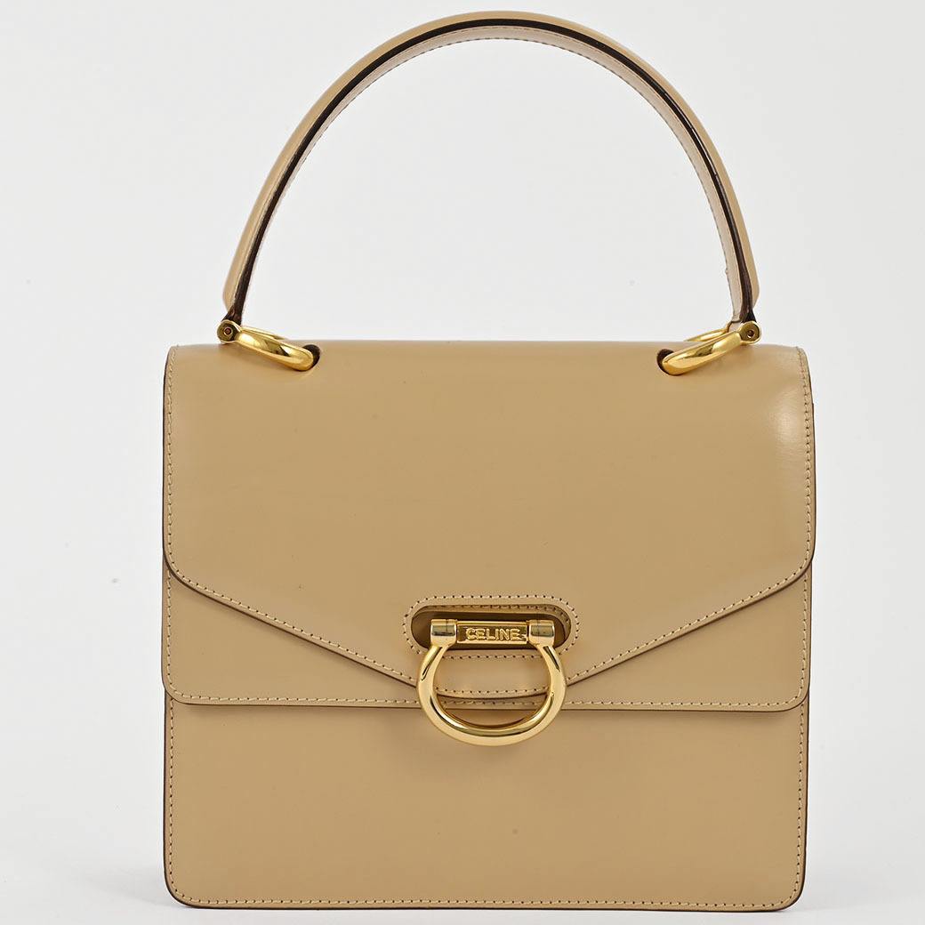 セリーヌ オールドセリーヌ Wフラップ ロゴリング ハンドバッグ ベージュ レディース レザー トップハンドル CELINE 中古