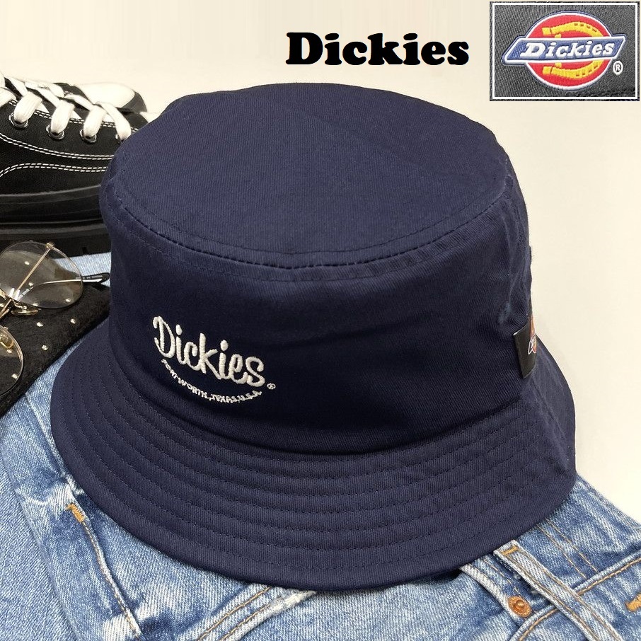 Dickies ネイビー バケットハット アウトドア キャンプ ゴルフ スポーツ 帽子 バイクレトロホワイトロゴ刺繍ブラックワッペン ディッキーズ
