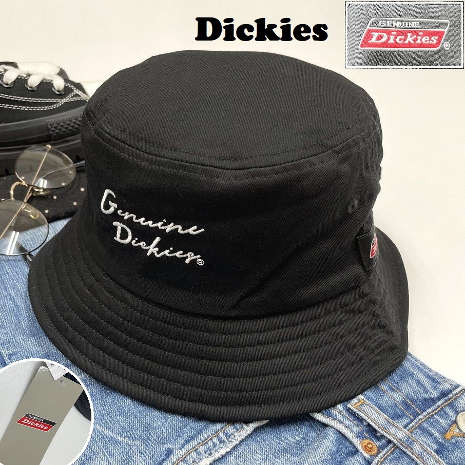 Dickies ブラック バケットハット タグ付き アウトドア キャンプ ゴルフ帽子バイクスポーツレトロ ホワイトロゴ刺繍 ワッペン ディッキーズ
