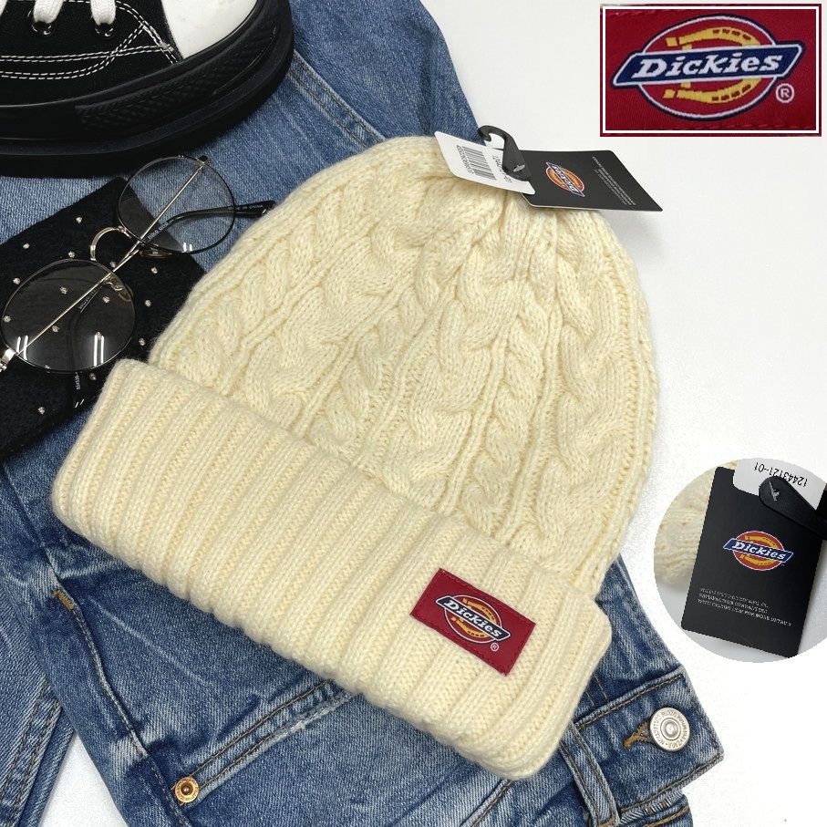 Dickies ホワイト ケーブルニットキャップ アウトドア キャンプ ゴルフ スポーツ 帽子 バイク レッドロゴワッペン タグ付き ディッキーズ