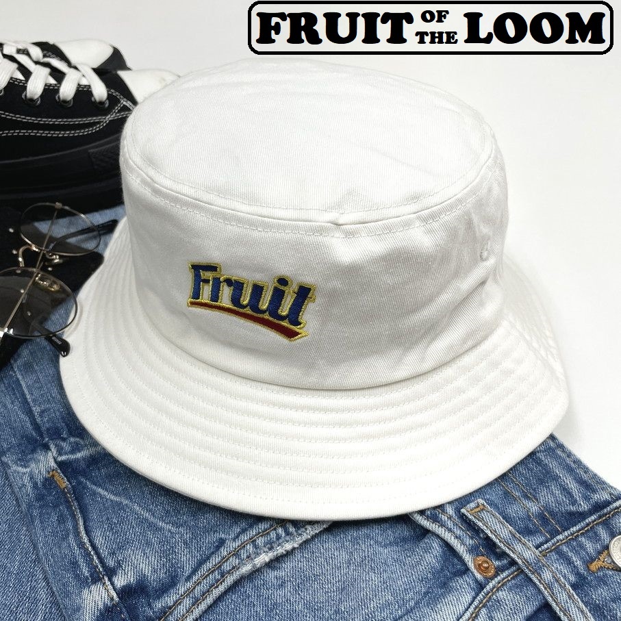 FRUIT OF THE LOOM ホワイト バケットハット アウトドア キャンプ ゴルフスポーツ帽子 バイク レトロ ブルーロゴ刺繍 フルーツオブザルーム