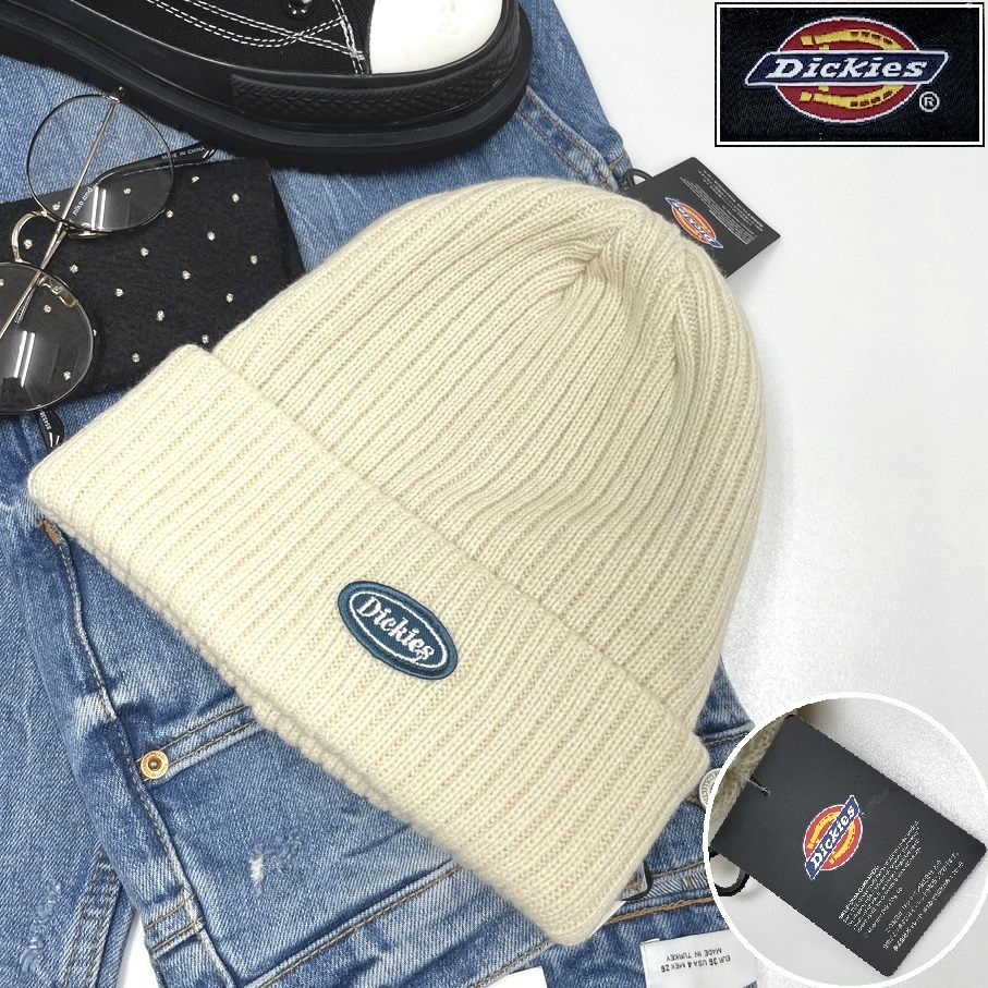 Dickies ホワイト ニットキャップ アウトドア キャンプゴルフスポーツ帽子バイク トラックロゴワッペンブラック アクリル生地 ディッキーズ