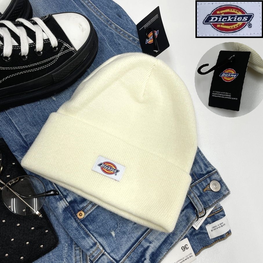 Dickies ホワイト ニットキャップ タグ付き アウトドア キャンプゴルフスポーツ帽子バイクトラック ロゴワッペンアクリル生地 ディッキーズ