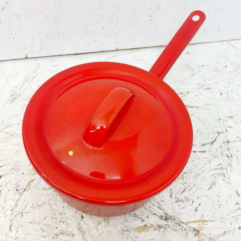 1 月兎印 片手鍋 キッチン用品 FUJII ホーロー 調理器具 レッド 赤 中古品 蓋付き 直径17.3cm