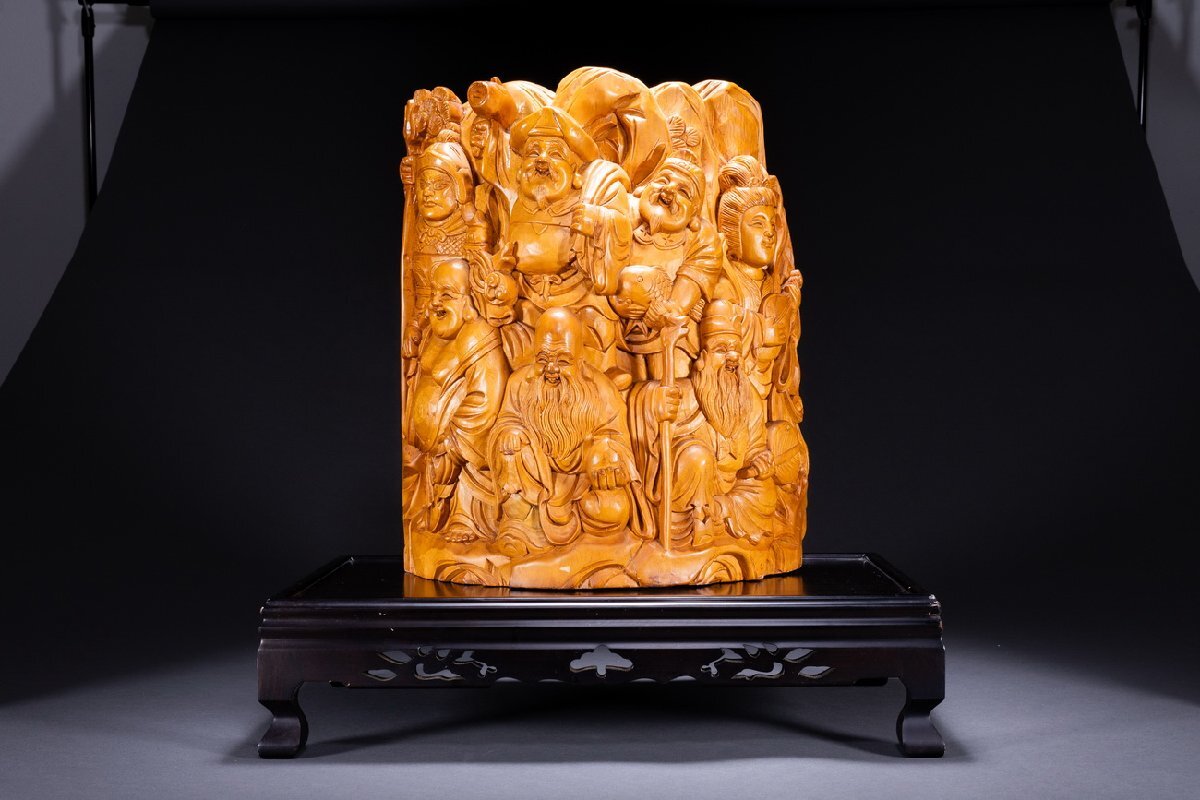 【善古堂】某有名オークション買入 時代物 黄楊木彫 巨大七福神置物 唐木台座付き 手彫 一刀彫 骨董品 古美術0825-87S02　