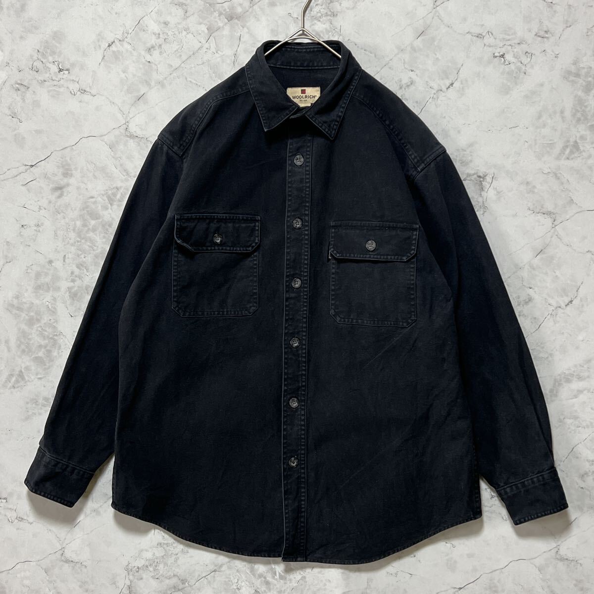 WOOLRICH ウールリッチ ヘビーフランネルシャツ 長袖シャツ ネルシャツ シンプル無地　ブラック　ロゴ　サイズM
