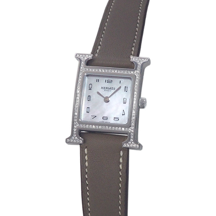 ◆ミウラ◆ エルメス HERMES Hウォッチ ダイヤベゼル HH1.235 ホワイトシェル クオーツ 仕上/電池交換済