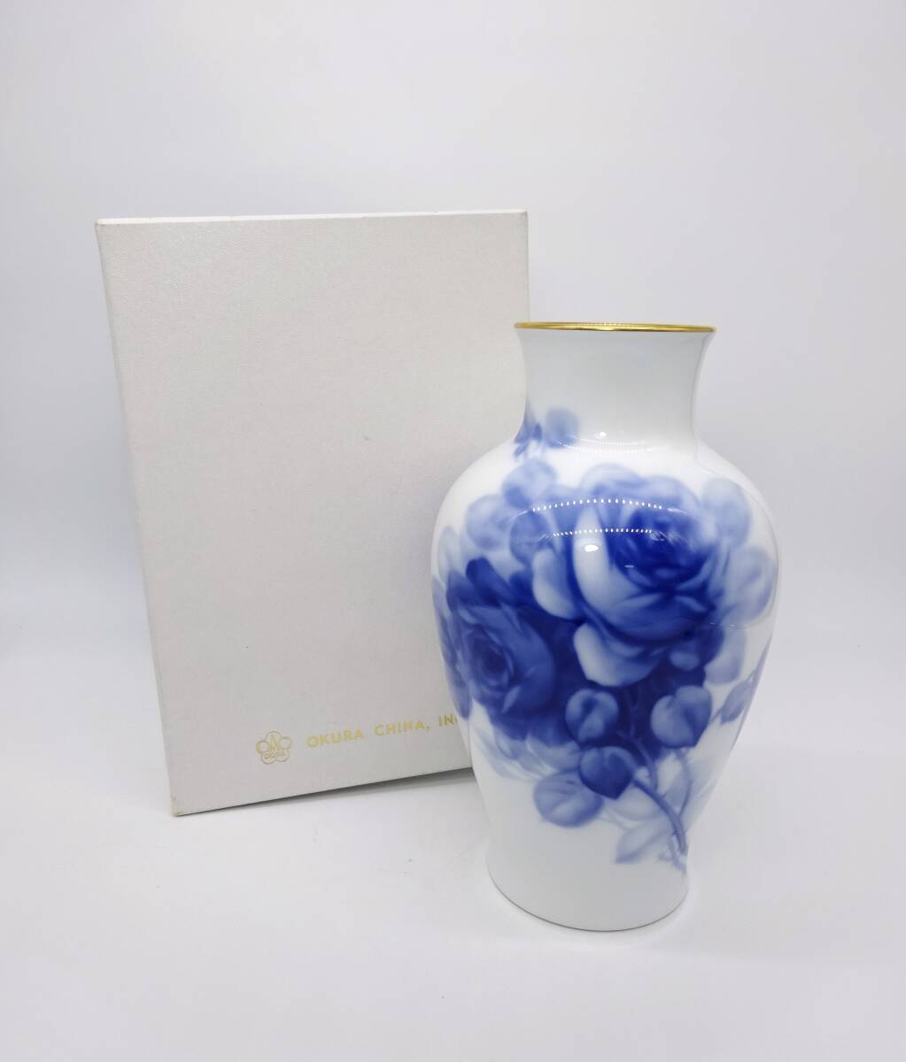 京都10★ 大倉陶園 OOKURA ブルーローズ 高さ：27.5㎝ 花瓶 花器 フラワーベース 壺 金彩 箱付き 