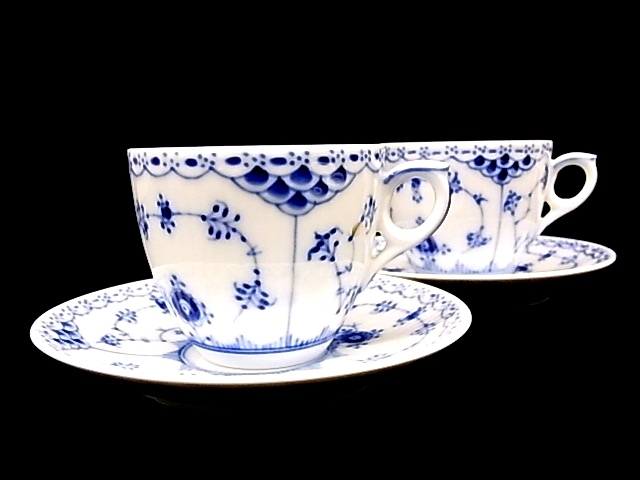 i0165　ROYAL COPENHAGEN　ロイヤルコペンハーゲン　ブルー フルーテッド フルレース　カップ＆ソーサー　2客