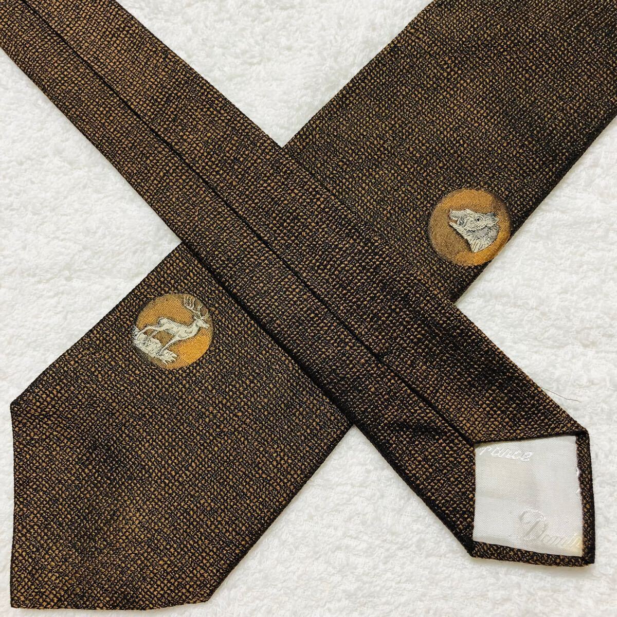 2024年春の □美品□Dominique 小物 - ブラウン系 スリークラウン フランス製 シルク100% 刺繍 月と猪と鹿 ネクタイ ドミニクフランス France 小物