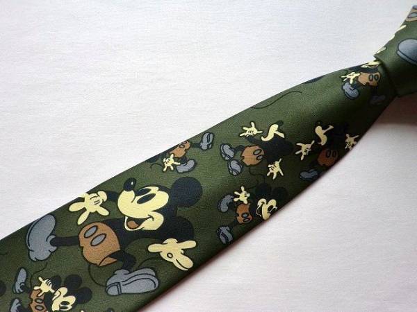$ 新品 $ 試着程度 レア■ キャラクター ネクタイ ■ ミッキーマウス ■ HAND MADE MERCEDES ■ ミッキー プリント 総柄 ■ モスグリーン系_画像1