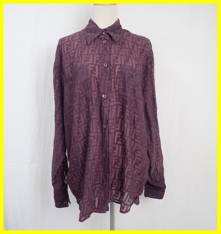 ★美品 FENDI/フェンディ ズッカ柄 長袖シアーシャツ 42/レディースLL～3L相当/ダークパープル/ブラウス&1577906442