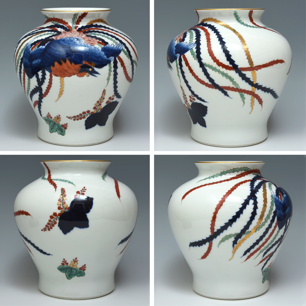 有田窯 秀峰 おおきかっ (造) 鳳凰図花瓶 共箱 金彩 陶磁器 花器 有田窯 秀峰 おおきかっ (造) 鳳凰図花瓶 共箱 金彩 陶磁器 花器
