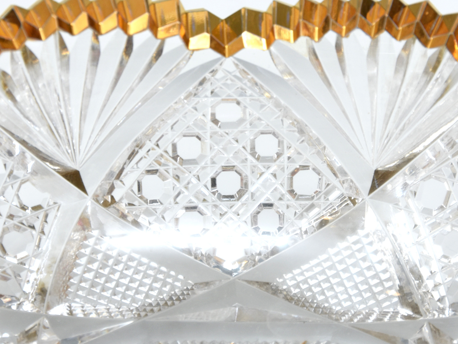 二代 秀石 (造) 江戸切子 金彩花縁笹葉文 小判形向付