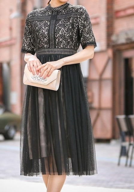 新品 LL黒系 レース×チュール ワンピースドレス 結婚式 新品 LL黒系 レース×チュール ワンピースドレス 結婚式
