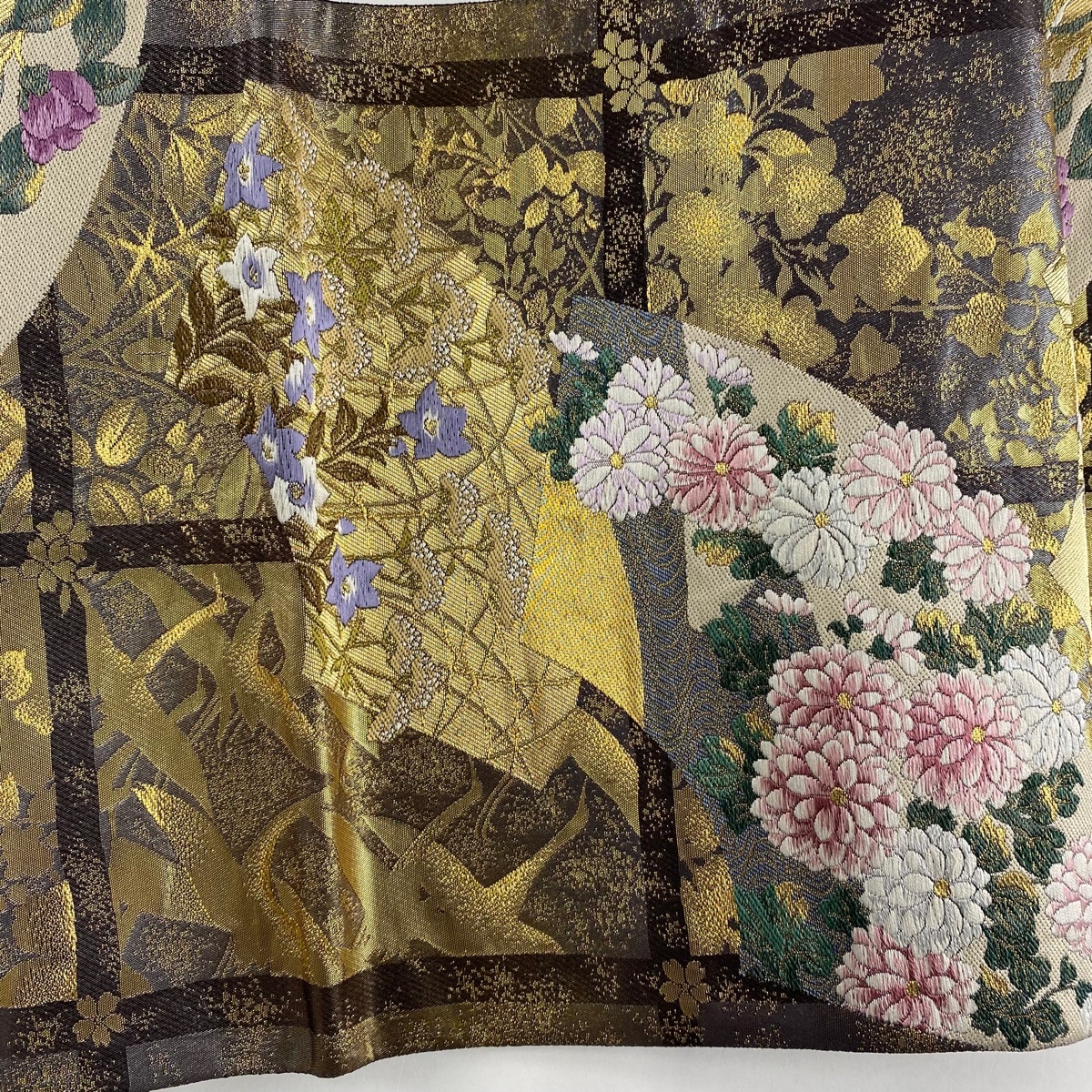 袋帯 美品 名品 じゅらく 落款 扇面 草花 金糸 箔 灰茶 六通 袋帯 美品 名品 じゅらく 落款 扇面 草花 金糸 箔 灰茶 六通