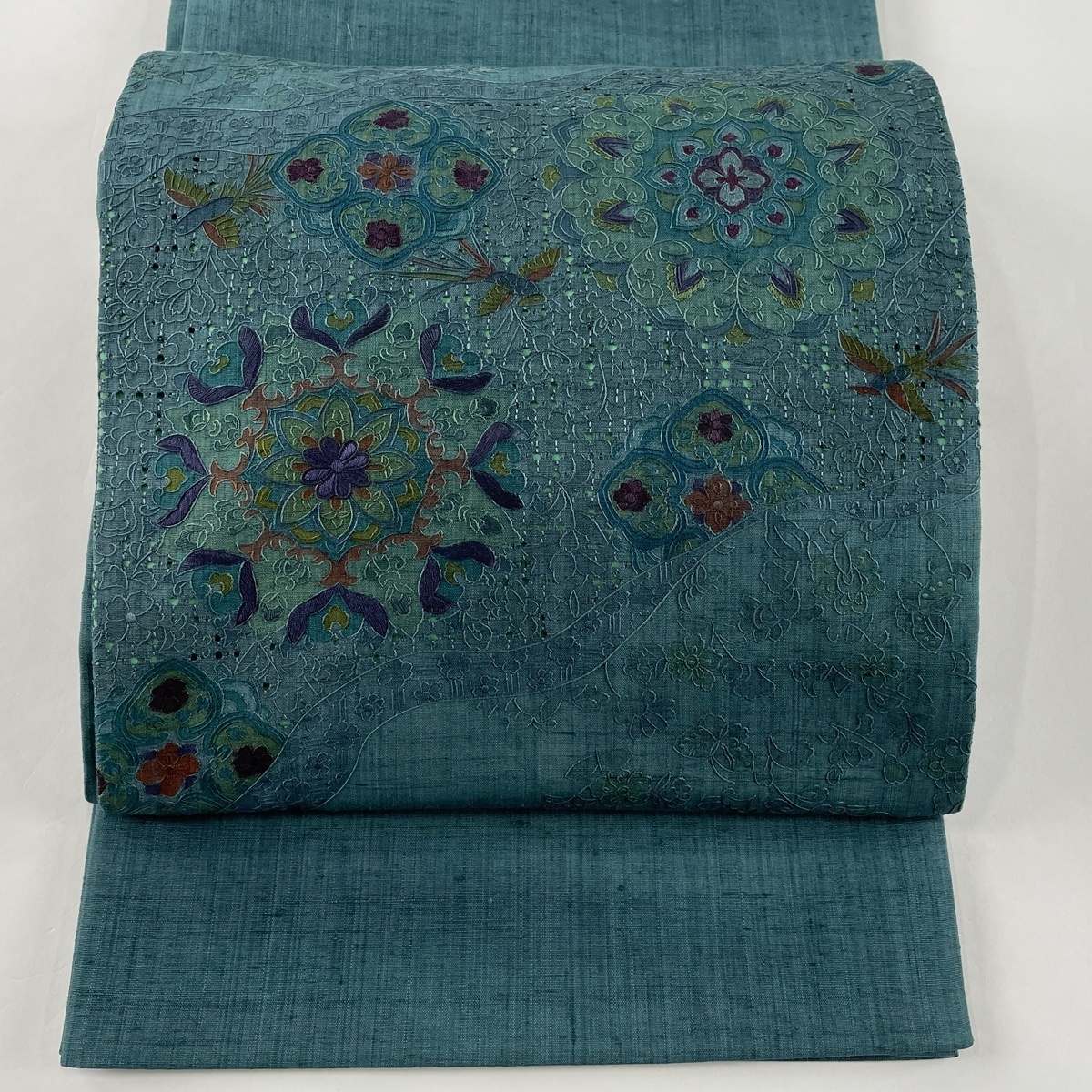 袋帯 美品 秀品 紬地 華文 尾長鳥 刺繍 深緑 お太鼓柄 正絹 【中古】