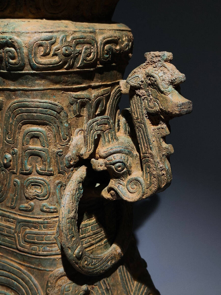 西周 青銅器彫 蟠龍紋 神獣紋 頌壷 祭祀品 副葬品』極細工 置物 西周 青銅器彫 蟠龍紋 神獣紋 頌壷 祭祀品 副葬品』極細工 置物
