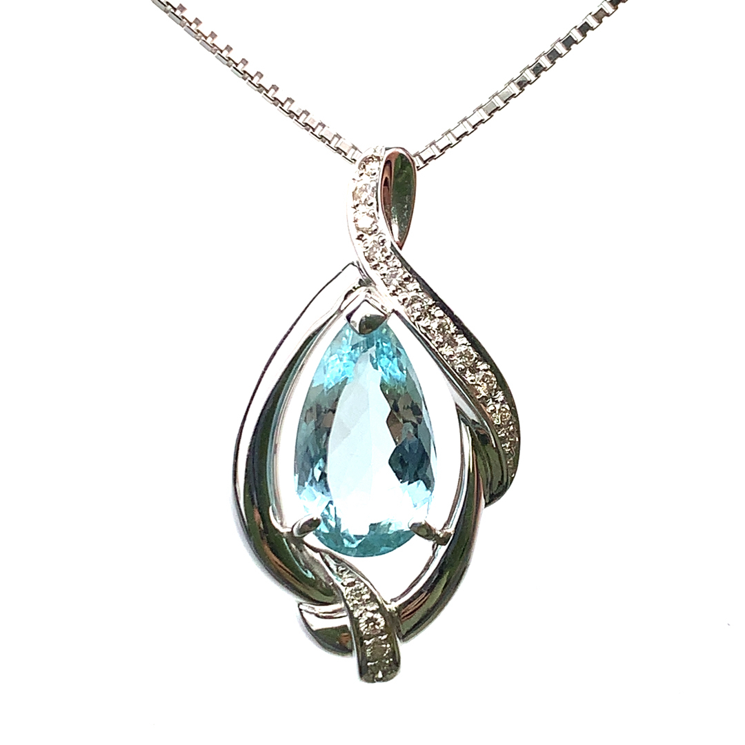 アクアマリン 3.466ct ダイヤモンド ネックレス ペンダントトップ ホワイトゴールド K18WG 45cm 9.2g