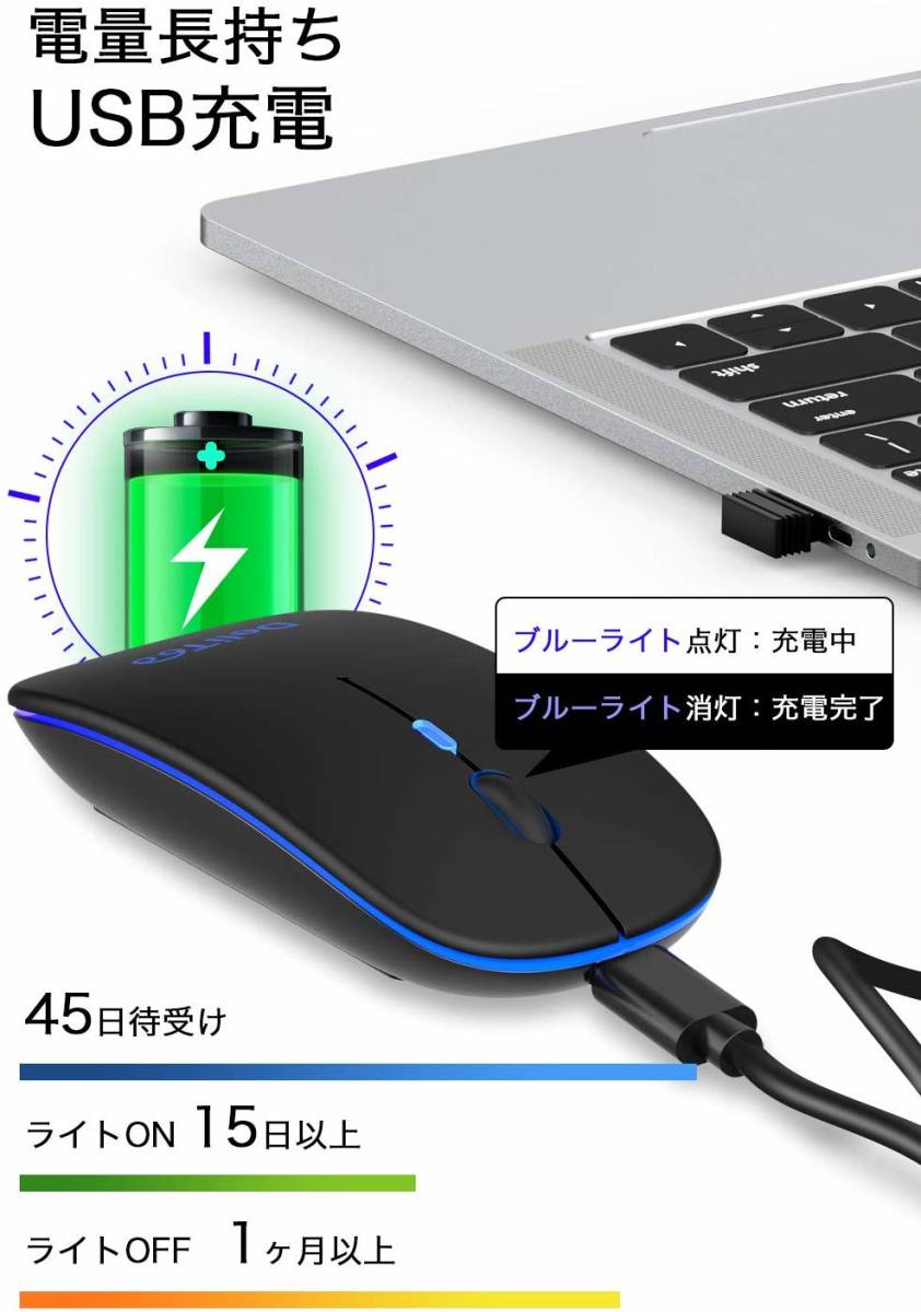 【即決】【最新版 7色ライト付】 ワイヤレスマウス 超薄型 静音 2.4GHz 800/1200/1600DPI Mac/Windows/Surface/Microsoft Proに対応 _画像3