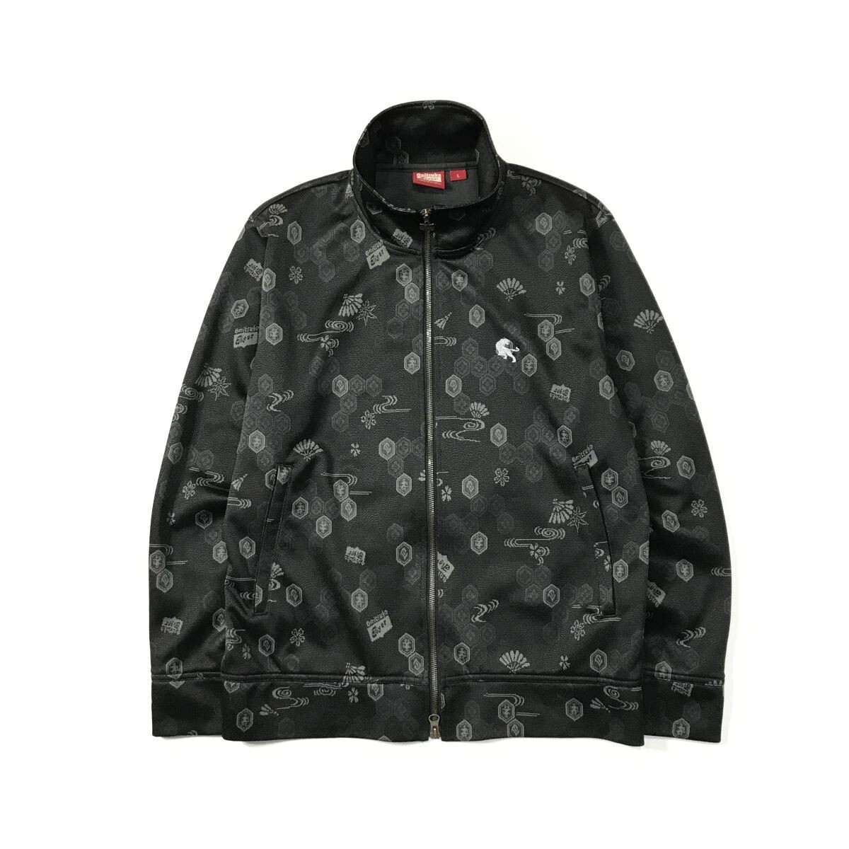 [美品・レアデザイン] オニツカタイガー Onitsuka Tiger 総柄 和柄 Wジップ トラック トップ ジャケット L ブラック ジャージ 文様 紋様
