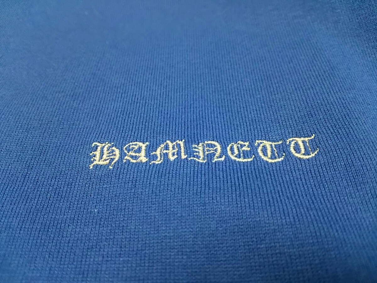 タグ付 HAMNETT メンズS ハムネット ブランドロゴ 刺繍 バックプリント クールネック 半袖Ｔシャツ ブルー 正規品 日本製 未使用 新品