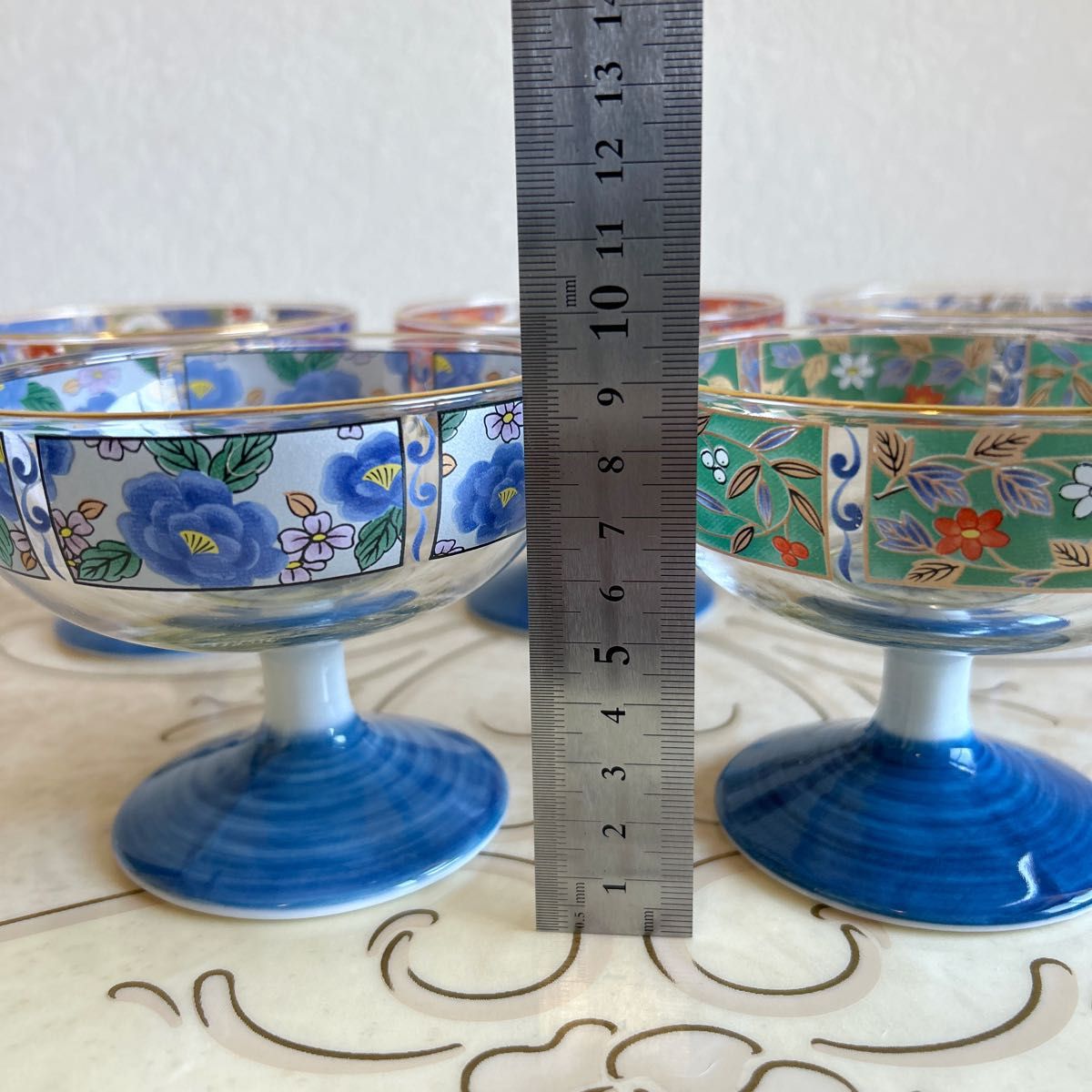 三洋陶器 龍峰窯 林斎 絵変わり ガラスデザート鉢揃 5客 高台 三洋陶器 龍峰窯 林斎 絵変わり ガラスデザート鉢揃 5客 高台